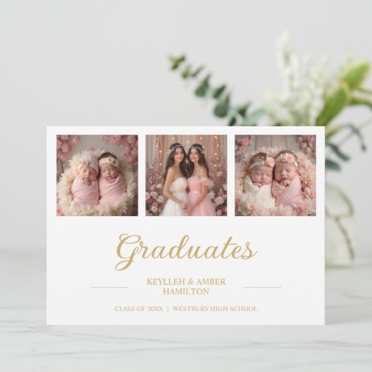 Chic Romantic Then & Now 3-Photo Twins Double Grad 招待状 (スタンド正面)