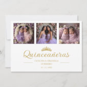 Chic Romantic Then & Now 3-Photo Twins Quinceañera 招待状 (正面)