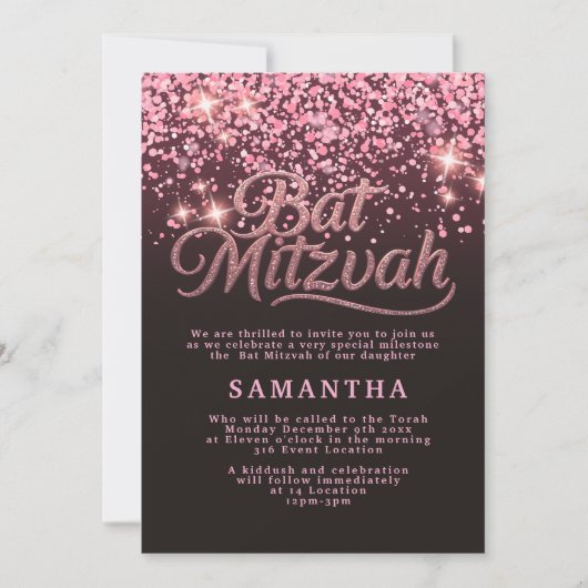 Chic Rose Gold & Black Bat Mitzvah Invitation 招待状 (正面)