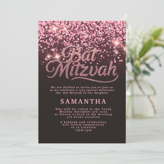 Chic Rose Gold & Black Bat Mitzvah Invitation 招待状 (スタンド正面)