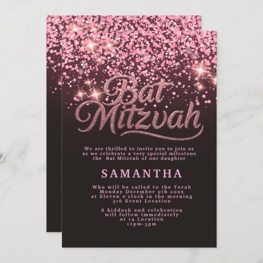Chic Rose Gold & Black Bat Mitzvah Invitation 招待状 (正面/裏面)