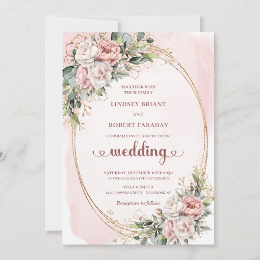 Chic Rose Gold Blush Botanical Wedding Invitation 招待状 (正面)