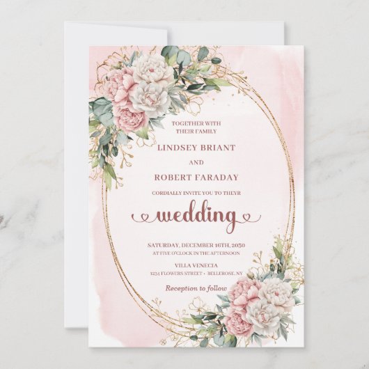 Chic Rose Gold Blush Floral Eucalyptus Wedding 招待状 (正面)