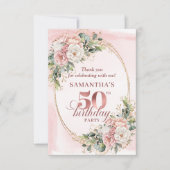 Chic Rose Gold Blush Floral Greenery 50th Birthday サンキューカード (正面)