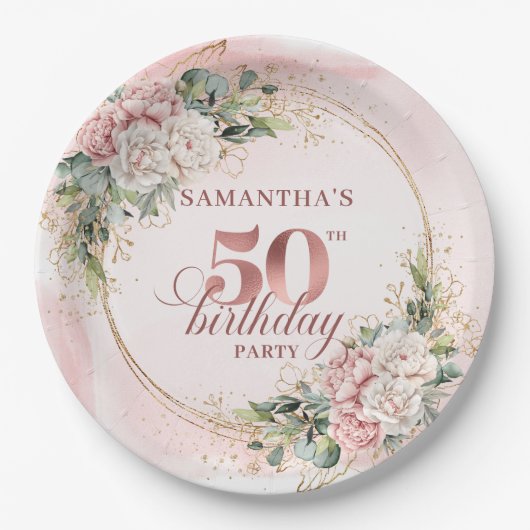 Chic Rose Gold Blush Floral Greenery 50th Birthday ペーパープレート (正面)