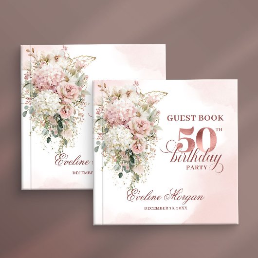 Chic Rose Gold Blush Flowers 50th Birthday Guestbo ゲストブック