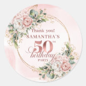 Chic Rose Gold Dusty Pink Floral 50th Birthday   ラウンドシール (正面)