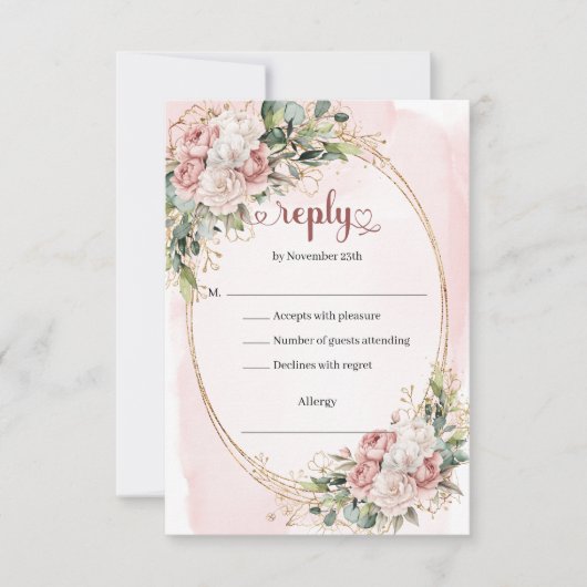 Chic Rose Gold Dusty Pink Floral Wedding RSVP Card (正面)