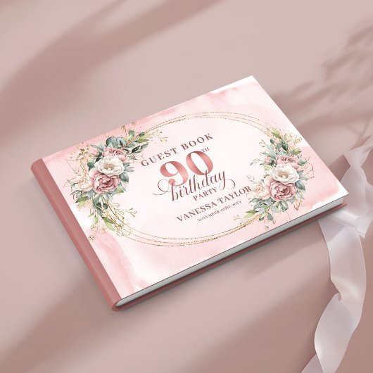 Chic Rose Gold Floral Greenery 90th Birthday Sign  ゲストブック