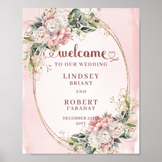 Chic Rose Gold Floral Greenery Wedding Welcome  ポスター (正面)
