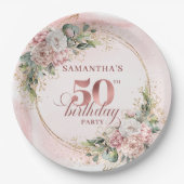 Chic Rose Gold Glitter Number 50th Birthday Floral ペーパープレート (正面)