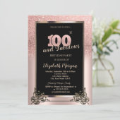 Chic Rose Gold Glitter Ombre 100th Birthday Party 招待状 (スタンド正面)