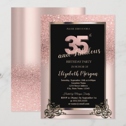 Chic Rose Gold Glitter Ombre 35th Birthday Party 招待状 (正面/裏面)