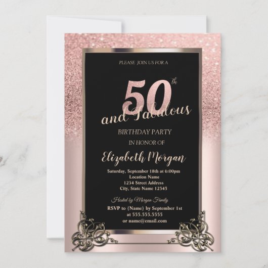 Chic Rose Gold Glitter Ombre 50th Birthday Party 招待状 (正面)