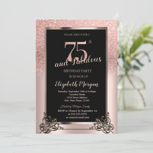 Chic Rose Gold Glitter Ombre 75th Birthday Party 招待状 (スタンド正面)