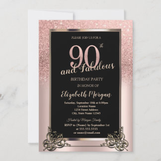 Chic Rose Gold Glitter Ombre 90th Birthday Party 招待状