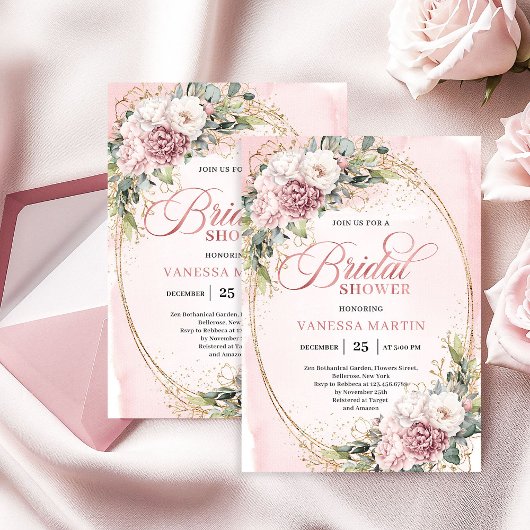 Chic Rose Gold Greenery Bridal Shower Invitation 招待状