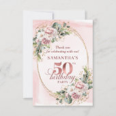 Chic Rose Gold Pastel Pink Floral 50th Birthday サンキューカード (正面)