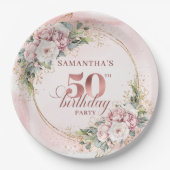 Chic Rose Gold Peony 50th Birthday Party Plates ペーパープレート (正面)