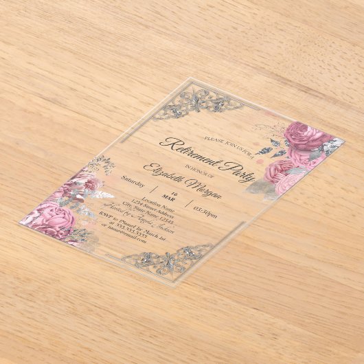 Chic Roses Flowers Silver Frame Retirement    アクリル招待状 (レイダウン)