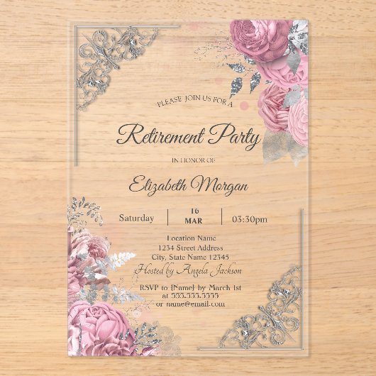 Chic Roses Flowers Silver Frame Retirement    アクリル招待状 (正面)