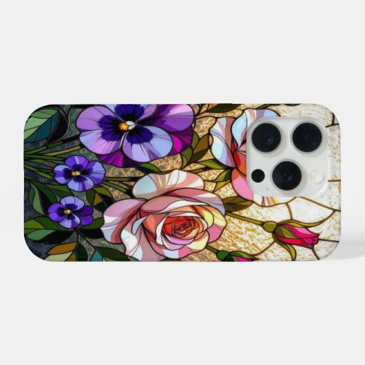 Chic roses wild violets stained Glass iPhoneケース (裏面横)