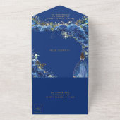 Chic Royal Blue Floral Gold Quinceanera Princess オールインワン招待状 (外側)