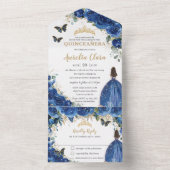 Chic Royal Blue Floral Gold Quinceanera Princess オールインワン招待状 (内側)