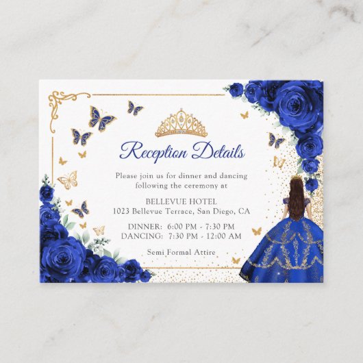 Chic Royal Blue Gold Quincenarea Reception Details エンクロージャーカード (正面)