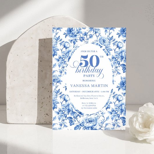 Chic Royal Blue Toile de Jouy 50th Birthday Invite 招待状