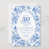 Chic Royal Blue Toile de Jouy 50th Birthday Invite 招待状 (正面)