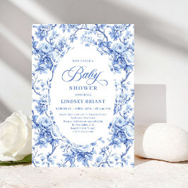 Chic Royal Blue Toile de Jouy Baby Shower Invite 招待状