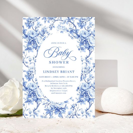 Chic Royal Blue Toile de Jouy Baby Shower Invite 招待状