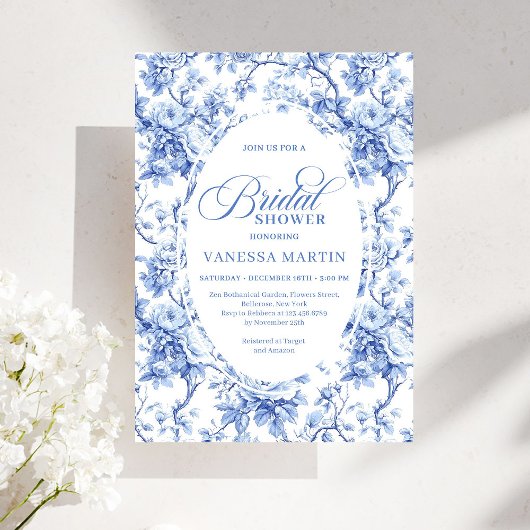 Chic Royal Blue Toile de Jouy Bridal Shower Invite 招待状