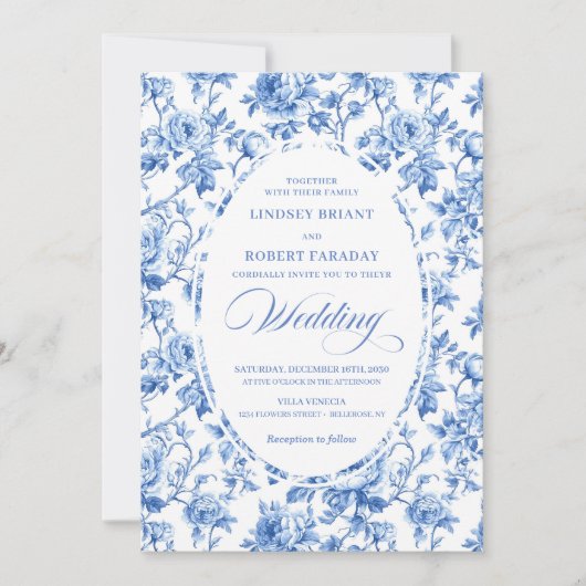 Chic Royal Blue Toile de Jouy Romantic Wedding  招待状 (正面)