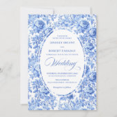 Chic Royal Blue Toile Floral Wedding Invitation 招待状 (正面)