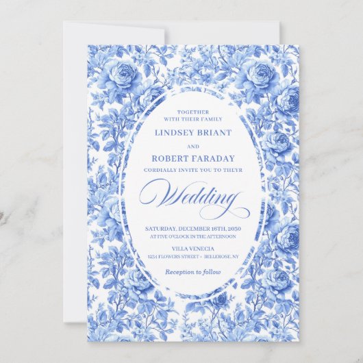 Chic Royal Blue Toile Floral Wedding Invitation 招待状 (正面)