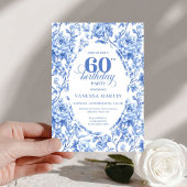 Chic Royal Blue Toile Roses 60th Birthday Invite  招待状