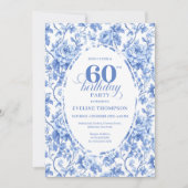 Chic Royal Blue Toile Roses 60th Birthday Invite 招待状 (正面)