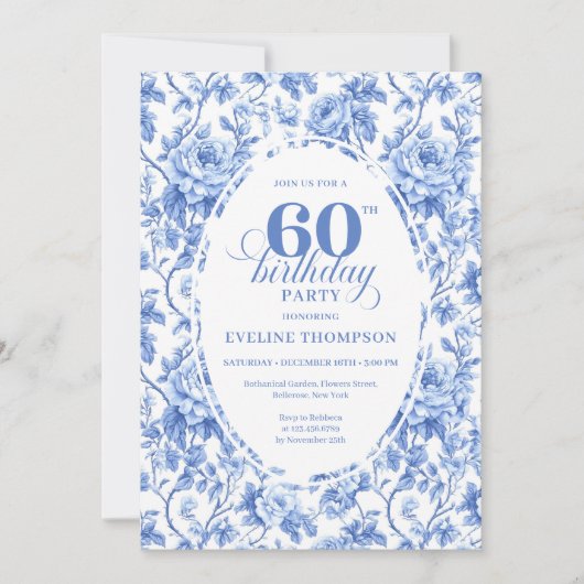 Chic Royal Blue Toile Roses 60th Birthday Invite  招待状 (正面)