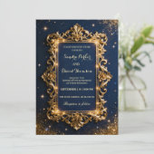 Chic Royal Gold & Navy Blue Luxury Modern Wedding 招待状 (スタンド正面)