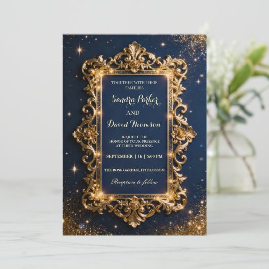 Chic Royal Gold & Navy Blue Luxury Modern Wedding 招待状 (スタンド正面)