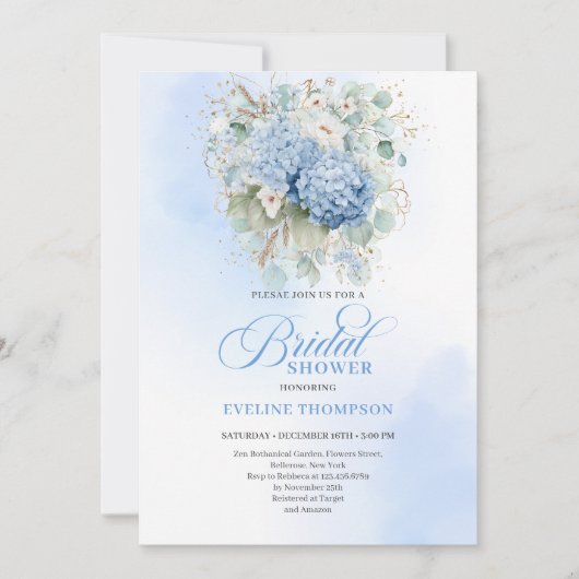 Chic Rustic Bohemian Blue Hydrangeas Bridal Shower 招待状 (正面)