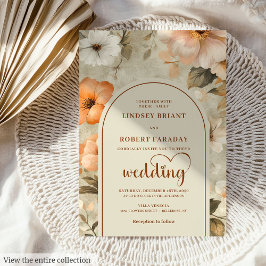 Chic Rustic Boho Copper Beige Olive Floral Wedding 招待状