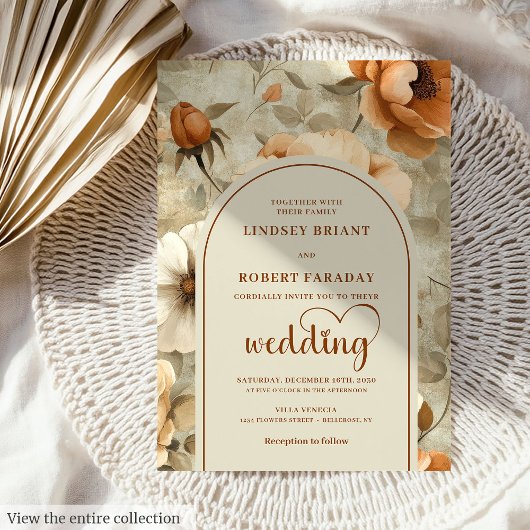 Chic Rustic Boho Terra Cotta Ivory Floral Wedding 招待状