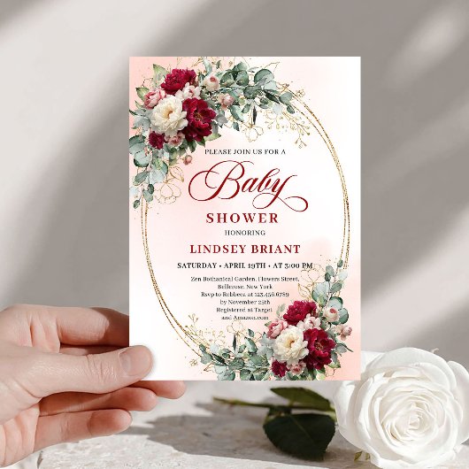 Chic Rustic Burgundy Peony Gold Baby Shower Invite 招待状