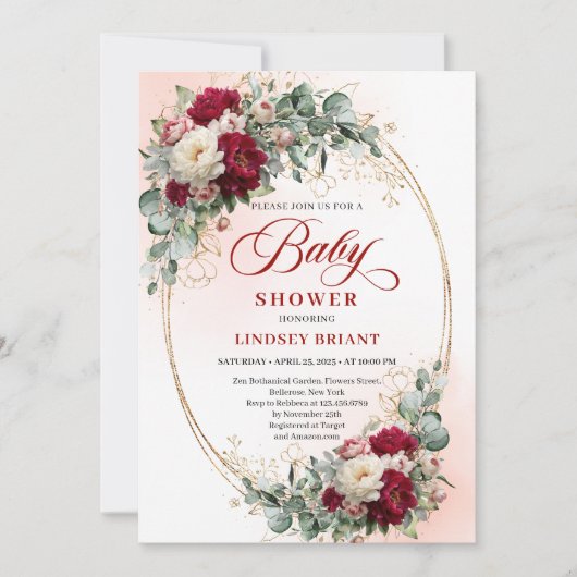 Chic Rustic Burgundy Peony Gold Baby Shower Invite 招待状 (正面)