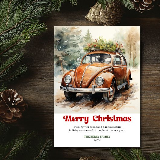 Chic rustic Christmas scene red car card style シーズンカード