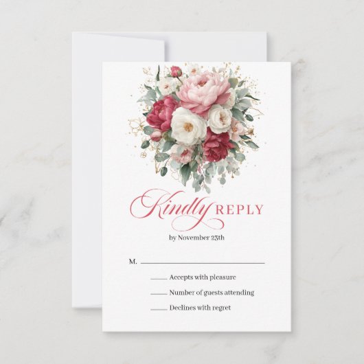Chic Rustic Red Blush Floral Wedding RSVP (正面)