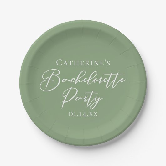 Chic Sage Green Bachelorette Party Personalized ペーパープレート (正面)
